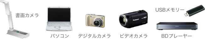 書画カメラ、パソコン、デジタルカメラ、ビデオカメラ、USBメモリー、BDプレーヤー